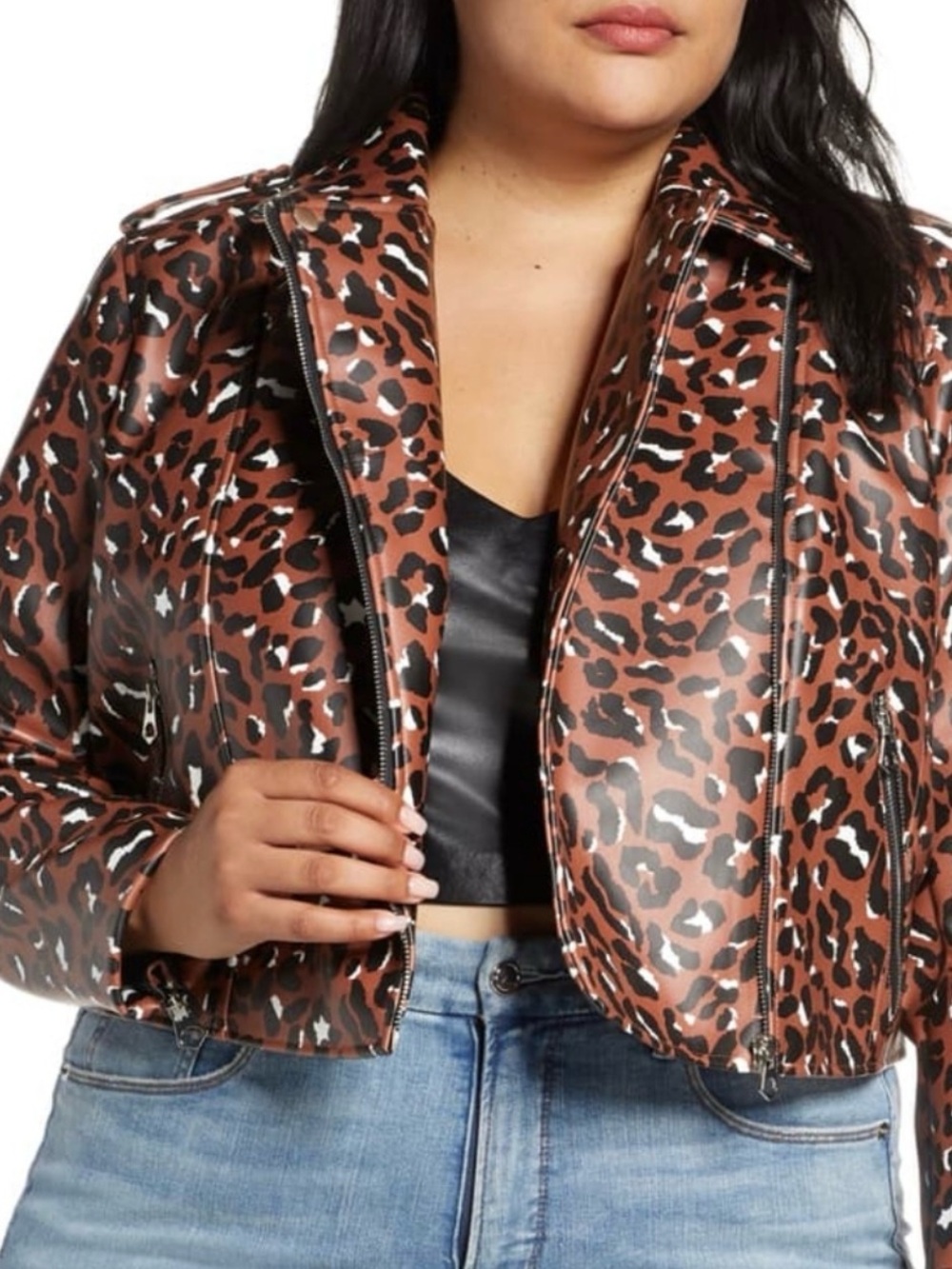 Eloquii Brown Leopard Print Vegan Leather cropped motorcycle Jacket